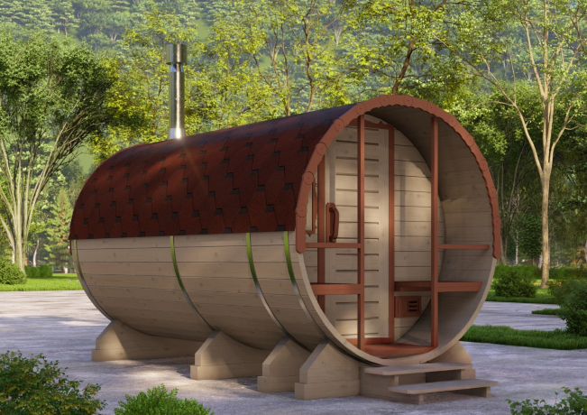 КедрПром - баня-бочка из кедра длиной 4 метра с крыльцом