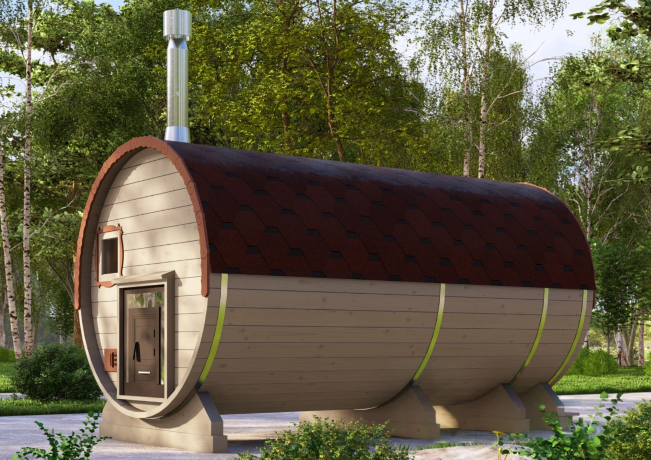 КедрПром - баня-бочка из кедра длиной 4 метра с крыльцом