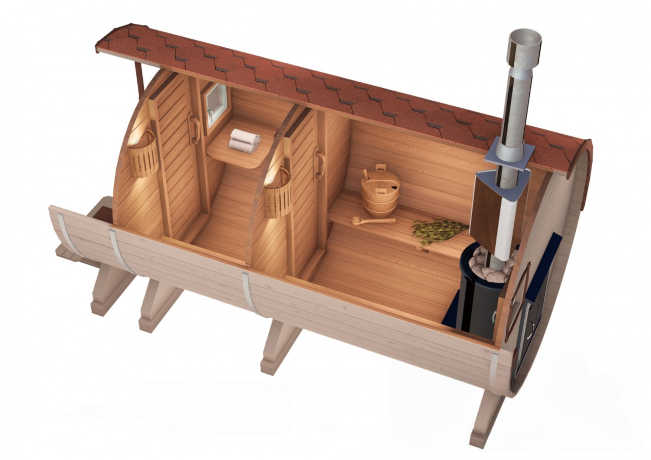 КедрПром - баня-бочка из кедра длиной 4 метра с крыльцом