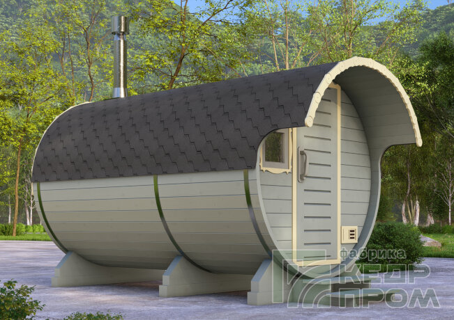 КедрПром - баня-бочка из кедра длиной 4 метра с козырьком