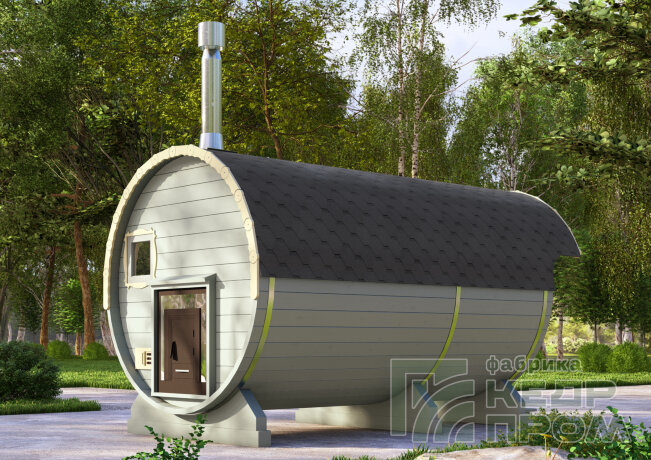 КедрПром - баня-бочка из кедра длиной 4 метра с козырьком