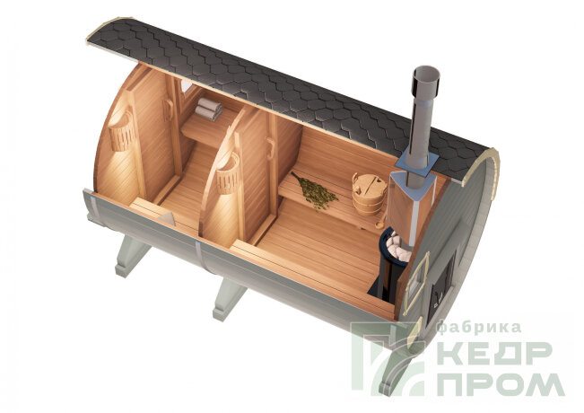 КедрПром - баня-бочка из кедра длиной 4 метра с козырьком