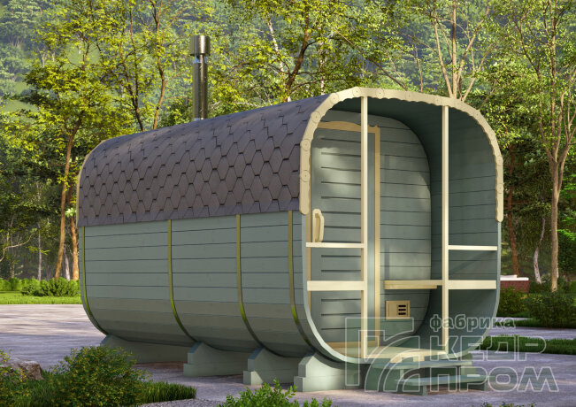 КедрПром - баня-бочка из кедра квадратная длиной 4 метра с верандой