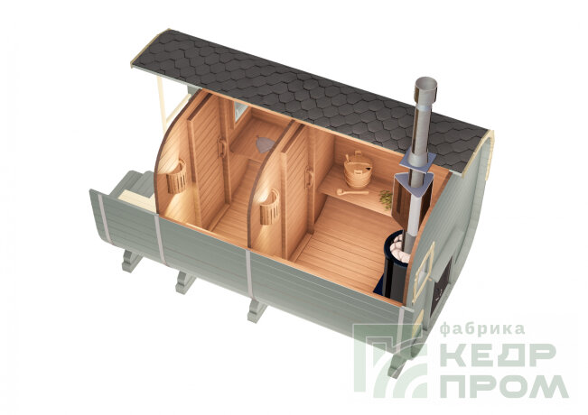 КедрПром - баня-бочка из кедра квадратная длиной 4 метра с верандой