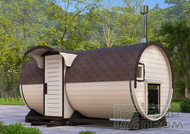 КедрПром - баня-бочка из кедра длиной 4,5 метра с входом сбоку