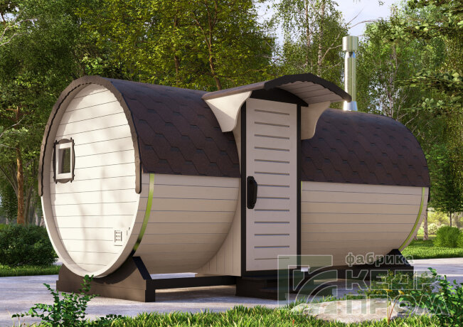 КедрПром - баня-бочка из кедра длиной 4,5 метра с входом сбоку