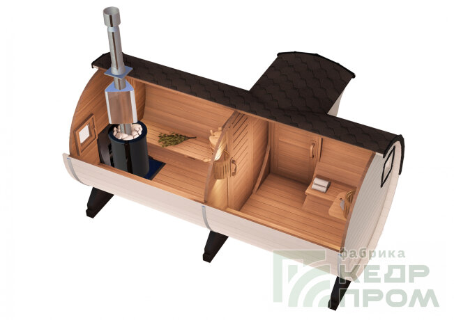 КедрПром - баня-бочка из кедра длиной 4,5 метра с входом сбоку