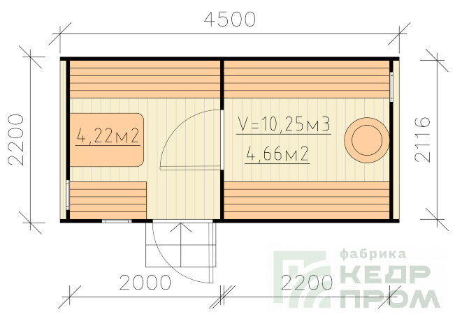 КедрПром - баня-бочка из кедра длиной 4,5 метра с входом сбоку