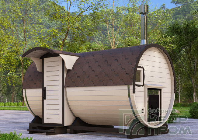 КедрПром - баня-бочка из кедра длиной 4 метра с входом сбоку