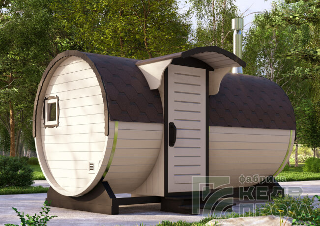 КедрПром - баня-бочка из кедра длиной 4 метра с входом сбоку