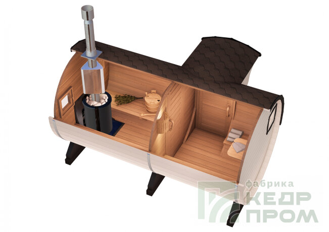 КедрПром - баня-бочка из кедра длиной 4 метра с входом сбоку