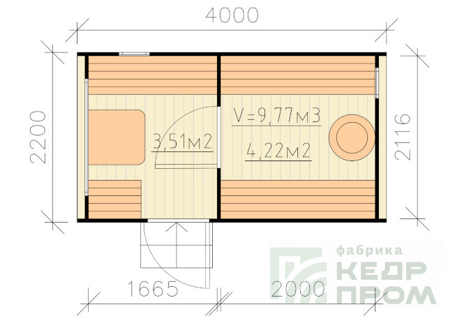 КедрПром - баня-бочка из кедра длиной 4 метра с входом сбоку