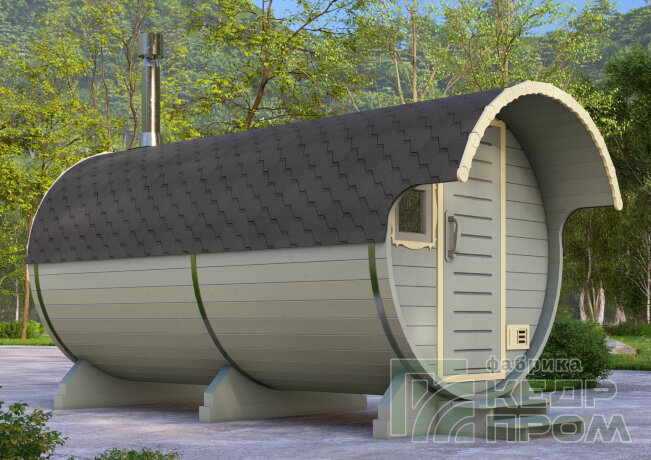 КедрПром - баня-бочка из кедра длиной 4,5 метра с козырьком