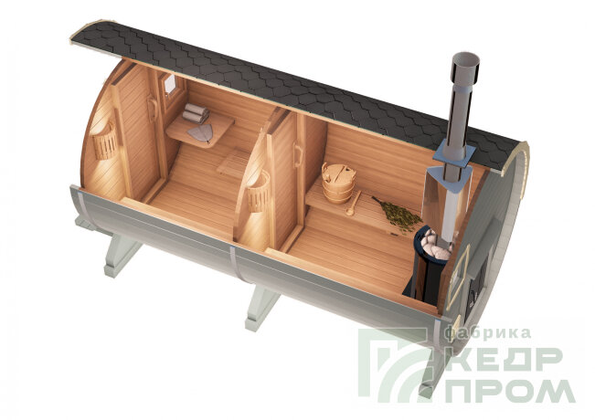 КедрПром - баня-бочка из кедра длиной 4,5 метра с козырьком