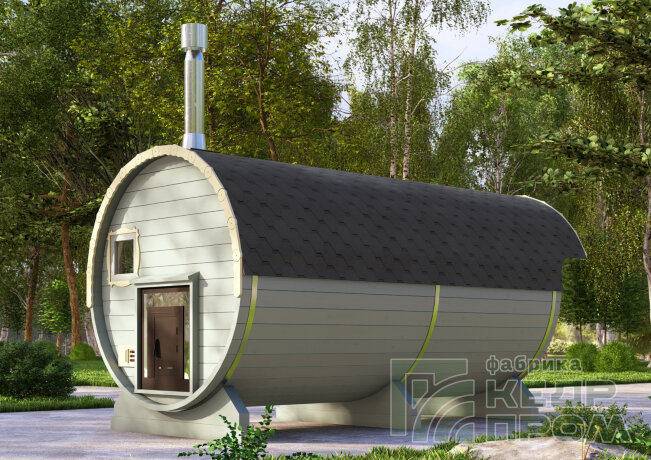 КедрПром - баня-бочка из кедра длиной 4,5 метра с козырьком и душем
