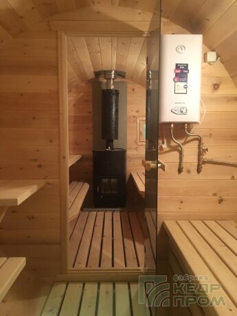 КедрПром - баня-бочка из кедра длиной 4,5 метра с козырьком и душем