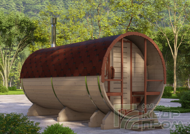 КедрПром - баня-бочка из кедра длиной 4,5 метра с крыльцом