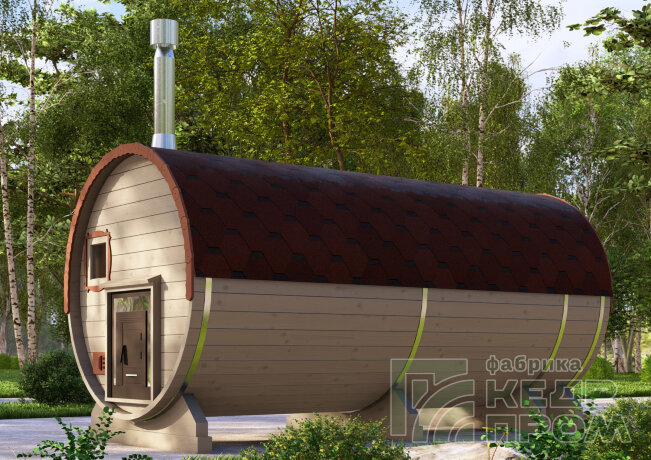 КедрПром - баня-бочка из кедра длиной 4,5 метра с крыльцом