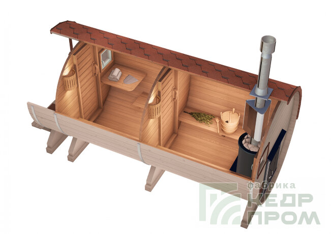 КедрПром - баня-бочка из кедра длиной 4,5 метра с крыльцом