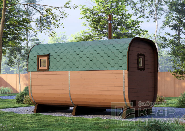 КедрПром - баня-бочка из кедра квадратная длиной 4 метра с входом сбоку