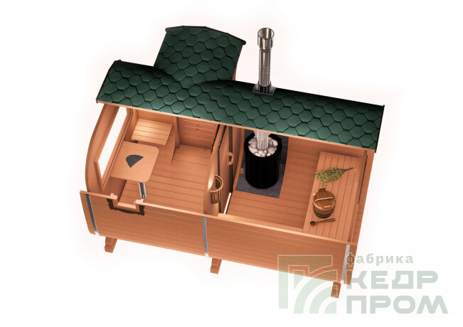 КедрПром - баня-бочка из кедра квадратная длиной 4 метра с входом сбоку