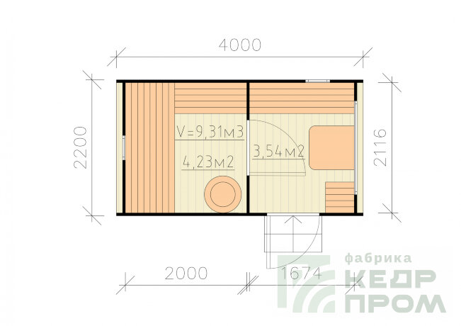 КедрПром - баня-бочка из кедра квадратная длиной 4 метра с входом сбоку