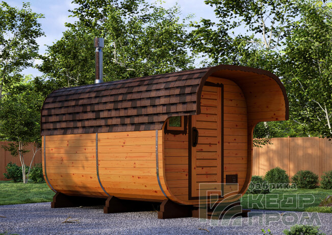 КедрПром - баня-бочка из кедра квадратная длиной 4,5 метра с козырьком