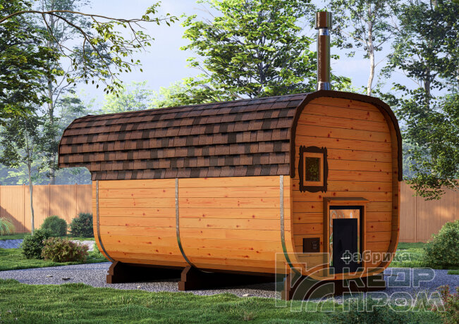 КедрПром - баня-бочка из кедра квадратная длиной 4,5 метра с козырьком