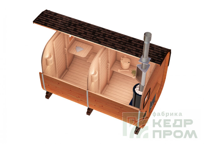 КедрПром - баня-бочка из кедра квадратная длиной 4,5 метра с козырьком