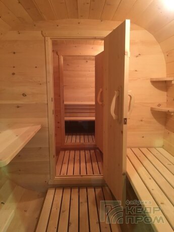 КедрПром - баня-бочка из кедра квадратная длиной 4,5 метра с козырьком