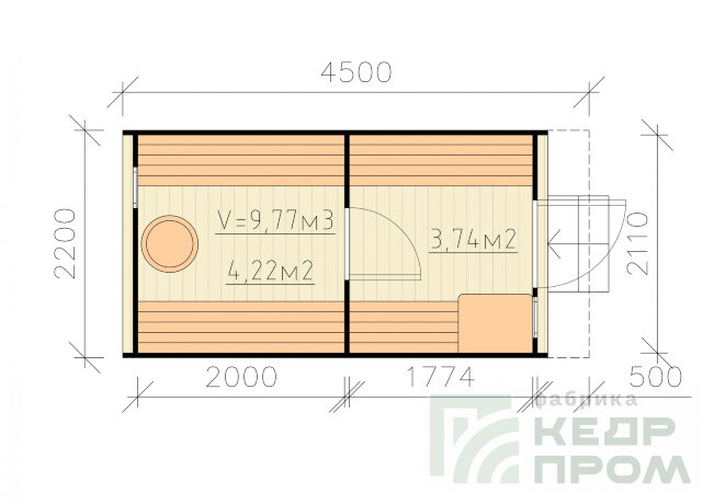 КедрПром - баня-бочка из кедра квадратная длиной 4,5 метра с козырьком