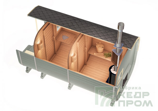 КедрПром - баня-бочка из кедра квадратная длиной 4,5 метра с верандой