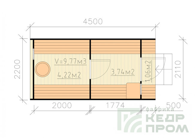 КедрПром - баня-бочка из кедра квадратная длиной 4,5 метра с верандой