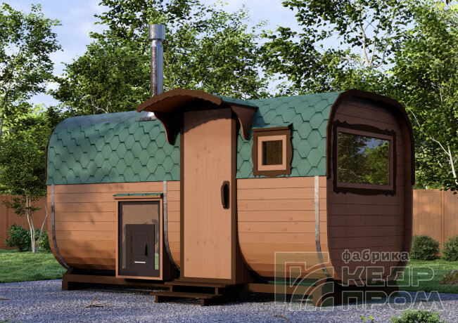 КедрПром - баня-бочка из кедра квадратная длиной 4,5 метра с входом сбоку