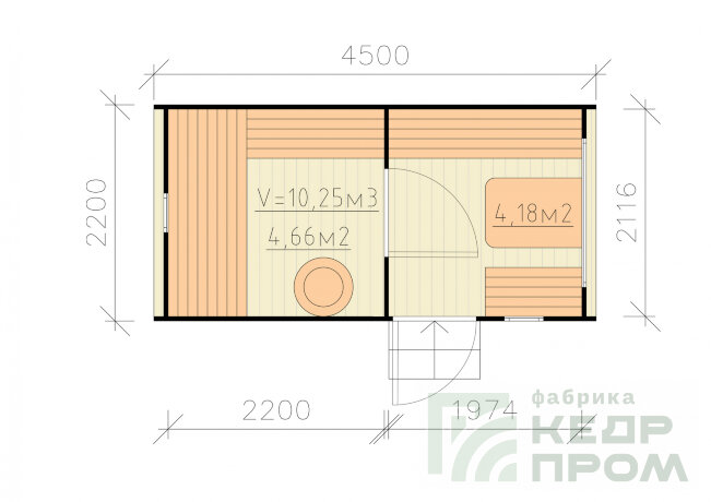 КедрПром - баня-бочка из кедра квадратная длиной 4,5 метра с входом сбоку