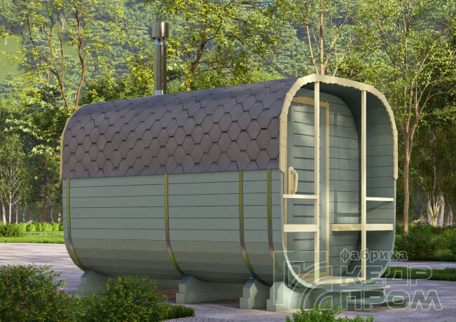 КедрПром - баня-бочка из кедра квадратная длиной 3,5 метра с верандой