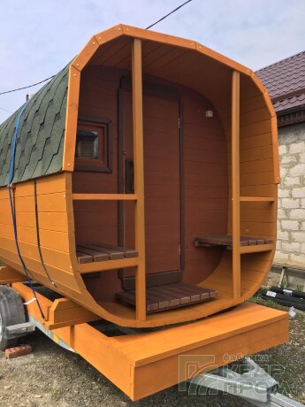 КедрПром - баня-бочка из кедра квадратная длиной 3,5 метра с верандой