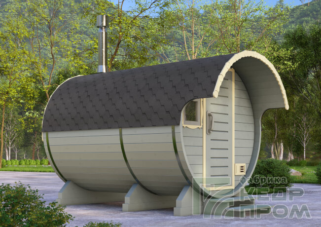 КедрПром - баня-бочка из кедра длиной 3,5 метра с козырьком