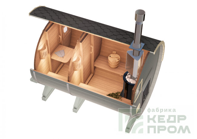 КедрПром - баня-бочка из кедра длиной 3,5 метра с козырьком