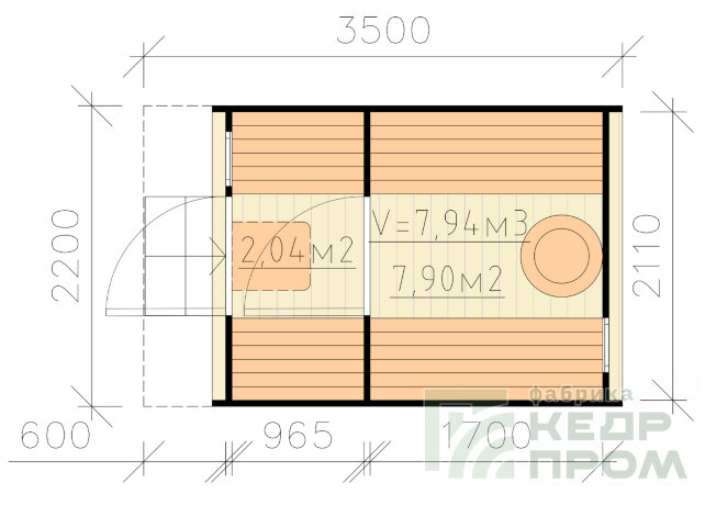 КедрПром - баня-бочка из кедра длиной 3,5 метра с козырьком
