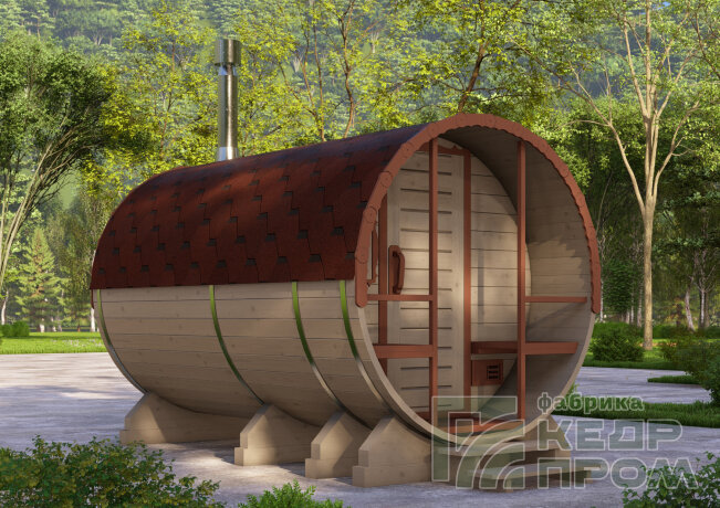 КедрПром - баня-бочка из кедра длиной 3,5 метра с крыльцом