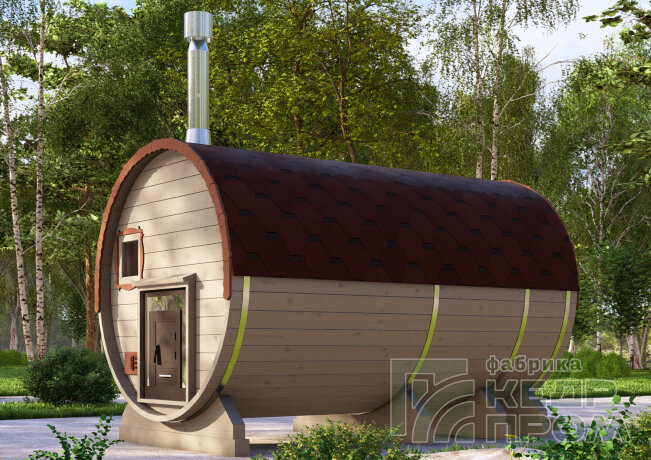 КедрПром - баня-бочка из кедра длиной 3,5 метра с крыльцом