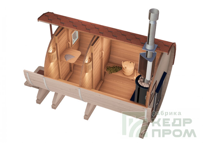 КедрПром - баня-бочка из кедра длиной 3,5 метра с крыльцом