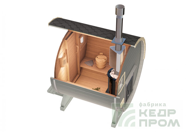 КедрПром - баня-бочка из кедра длиной 2,5 метра с козырьком