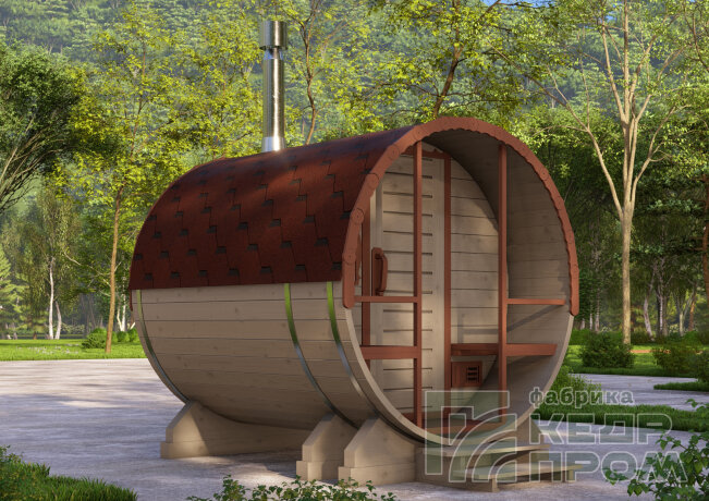 КедрПром - баня-бочка из кедра длиной 2,5 метра с крыльцом
